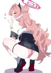 1girl absurdres ass black_shoes black_skirt blue_archive blush earrings fingernails from_behind full_body grin hair_bun halo heart highres jewelry kirara_(blue_archive) long_fingernails long_hair looking_at_viewer looking_back panties pink_eyes pink_hair pink_panties red_halo shirt shoes skirt smile socks solo squatting thigh_strap tonomiya68 underwear v white_background white_shirt white_socks