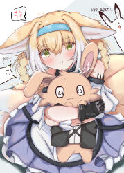 Rule 34 | 1girl, :t, absurdres, anger vein, animal ears, arknights, bare shoulders, black gloves, blonde hair, blush, braid, chiika29898041, closed mouth, dress, fox ears, fox girl, fox tail, frilled dress, frills, gloves, green eyes, hairband, highres, holding, holding stuffed toy, infection monitor (arknights), kitsune, kyuubi, looking at viewer, material growth, multiple tails, oripathy lesion (arknights), pout, purple dress, speech bubble, stuffed animal, stuffed rabbit, stuffed toy, suzuran (arknights), tail, watermark, watermark grid