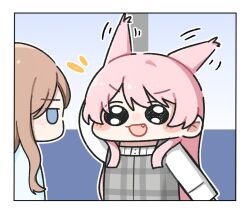 2girls bang_dream! bang_dream!_it&#039;s_mygo!!!!! blue_eyes blush brown_hair chihaya_anon dress fang komi_(mayu_eo22) long_hair multiple_girls nagasaki_soyo open_mouth pink_hair plaid_clothes plaid_dress simple_background