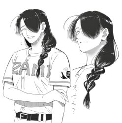 1boy baseball_jersey baseball_uniform belt braid closed_eyes closed_mouth clothes_writing commentary fujiya_(rainai52) greyscale hair_over_one_eye hand_on_own_arm highres jersey long_hair male_focus monochrome multiple_views parted_lips portrait print_shirt shirt short_sleeves side_braid simple_background single_braid smile solo sportswear strikeout_pitch tsuyuki_rin upper_body white_background