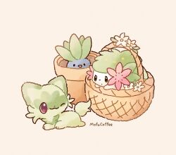 artist_name black_eyes closed_mouth flower flower_pot gen_1_pokemon gen_4_pokemon green_eyes highres legendary_pokemon lying mofucoffee mythical_pokemon nintendo no_humans oddish one_eye_closed pink_eyes pokemon pokemon_(creature) shaymin shaymin_(land) smile sprigatito white_flower