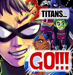 2girls 3boys akikoke alien beast_boy_(dc) belt bodysuit boots cape cartoon_network cloak colored_skin copyright_name cyborg cyborg_(dc) dark_skin dc_comics dick_grayson domino_mask english_text everyone flying gloves green_eyes green_hair green_skin grey_skin grin hood mask multiple_boys multiple_girls one-eyed orange_skin purple_footwear raven_(dc) red_hair robin_(dc) shoes smile starfire teen_titans thigh_boots thighhighs victor_stone white_gloves
