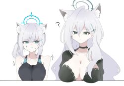 2girls :i ? anger_vein animal_ear_fluff animal_ears black_choker black_dress black_jacket blue_archive breast_envy breasts choker competition_swimsuit cross cross_hair_ornament double-parted_bangs dress dual_persona grey_hair hair_between_eyes hair_ornament halo inverted_cross jacket large_breasts long_hair looking_at_another medium_breasts medium_hair motion_lines multiple_girls nemui_(xjqfw) official_alternate_costume one-piece_swimsuit ponytail shiroko_(blue_archive) shiroko_(swimsuit)_(blue_archive) shiroko_terror_(blue_archive) simple_background swimsuit trembling upper_body very_long_hair white_background wolf_ears