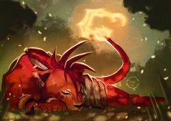absurdres animal artist_name bangle beads bracelet closed_eyes creature embers fawkesart feather_hair_ornament feathers final_fantasy final_fantasy_vii flame-tipped_tail full_body hair_beads hair_between_eyes hair_ornament highres jewelry orange_fur outdoors red_hair red_xiii scar scar_across_eye scar_on_face signature sleeping tongue tongue_out