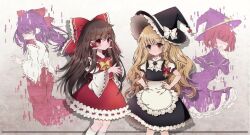 Rule 34 | 2girls, apron, black hat, black skirt, blonde hair, blush, bow, bowtie, braid, brown hair, capelet, closed mouth, commentary, detached sleeves, dress, frilled bow, frilled hair tubes, frills, hair bow, hair tubes, hakama, hakurei reimu, hakurei reimu (pc-98), hands on own hips, hat, hat bow, japanese clothes, kirisame marisa, kirisame marisa (pc-98), long hair, long sleeves, looking at viewer, miko, multiple girls, no eyes, open mouth, puffy short sleeves, puffy sleeves, purple capelet, purple dress, purple hair, purple hat, red bow, red eyes, red hair, red hakama, red skirt, ribbon-trimmed sleeves, ribbon trim, rimei, shadow, short sleeves, side braid, single braid, skirt, skirt set, smile, story of eastern wonderland, touhou, touhou (pc-98), waist apron, white apron, white bow, white bowtie, wide sleeves, witch hat, yellow bow, yellow bowtie