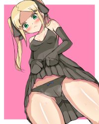 1girl 3: angry aoyama_mio bad_id bad_pixiv_id blonde_hair blush breasts cameltoe clothes_lift dress dress_lift elbow_gloves female_focus gloves green_eyes hair_ribbon highres kami_nomi_zo_shiru_sekai panties pantyshot ribbon shichuu small_breasts solo thighs twintails underwear upskirt