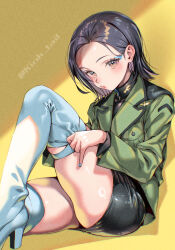 1girl adjusting_footwear black_hair black_skirt blue_eyeshadow blue_nails blush boots brown_eyes commentary_request comoli_harcourt eyeshadow film_grain fingernails from_side green_jacket gundam gundam_gquuuuuux hair_behind_ear high_heel_boots high_heels jacket kink_(tortoiseshell) knee_up long_sleeves looking_at_viewer makeup military_jacket military_uniform miniskirt mole mole_under_eye nail_polish parted_lips pinky_out shade shiny_skin short_hair sitting skindentation skirt solo thigh_boots thighs twitter_username white_boots yellow_background