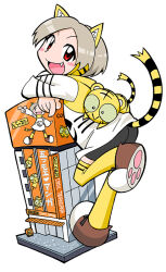 :&gt; animal animal_ear_fluff animal_ear_hood animal_ears animal_on_back animal_print bike_shorts black_eyes black_outline black_tail blush_stickers bright_pupils brown_footwear building coco_(toranoana) collared_shirt colored_inner_hair colored_sclera crossed_arms cub detached_hood double_horizontal_stripe fake_animal_ears fang full_body giant green_sclera grey_shorts hood horizontal-striped_sleeves horizontal-striped_thighhighs kotora_(toranoana) leg_up light_brown_hair logo_print long_shirt long_sleeves looking_at_viewer mukku_(mook-tv) multicolored_hair official_art open_mouth outline parted_bangs paw_print paw_shoes print_shirt red_eyes second-party_source shirt short_hair shorts simple_background straight_hair striped_clothes striped_fur striped_shirt striped_sleeves striped_tail striped_thighhighs tail thighhighs tiger tiger_ears tiger_girl tiger_print tiger_tail tora_da_yo. toranoana translation_request triple_horizontal_stripe turtleneck turtleneck_shirt very_short_hair white_background white_pupils white_shirt white_sleeves wide_sleeves yellow_collar yellow_fur yellow_hood yellow_tail yellow_thighhighs