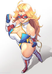 1girl ahoge american_flag american_flag_print ass bare_shoulders blonde_hair blue_eyes boots breasts cleavage clothing_cutout domino_mask earrings elbow_gloves eye_mask fingerless_gloves flag_print gloves gold_bow highres jewelry kamen_america kamen_america_(comic) large_breasts leotard long_hair looking_at_viewer mask patriotism seed01010 smile solo star_(symbol) star_cutout star_earrings striped_clothes striped_footwear superhero_costume thighhighs thong_leotard vertical-striped_footwear