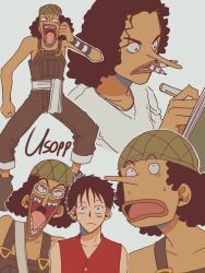 2boys black_hair commentary goggles highres holding holding_pen long_nose male_focus monkey_d._luffy multiple_boys one_piece only_op2024 open_mouth pen red_shirt sash sharp_teeth shirt simple_background sleeveless symbol-only_commentary teeth usopp white_background white_sash white_shirt wristband