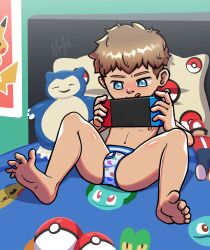 1boy absurdres barefoot bed blue_eyes brown_hair bulbasaur dinosaur_print feet gen_1_pokemon gen_3_pokemon highres male_focus male_underwear mortalohic nintendo nipples pikachu playing_games poke_ball poke_ball_(basic) pokemon print_briefs print_male_underwear shota snorlax soles solo solo_focus spread_toes squirtle tagme toe_scrunch toes tongue tongue_out treecko underwear