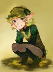 Rule 34 | 1girl, blue eyes, boots, grass, green boots, green hair, hair ornament, hairband, hand on own cheek, hand on own face, looking at viewer, luisa rafidi, nintendo, pointy ears, saria (zelda), short hair, shorts, smile, solo, squatting, sweater, the legend of zelda, the legend of zelda: ocarina of time, turtleneck, turtleneck sweater, yellow background