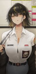 Rule 34 | 1girl, absurdres, artist logo, belt, black belt, black hair, black jacket, blonde hair, blush, breasts, cleavage, collarbone, collared shirt, commentary, ear piercing, earrings, febri aryani (vloodozer), grey necktie, hair between eyes, hair over eyes, highres, indonesian flag, indonesian high school uniform, indonesian text, jacket, jewelry, large breasts, logo, long sleeves, looking at viewer, multicolored hair, necktie, original, parted lips, piercing, school uniform, sexually suggestive, shirt, short hair, solo, standing, streaked hair, vloodozer, white shirt, yellow eyes