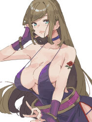 Rule 34 | 1girl, aqua eyes, arm tattoo, blonde hair, breasts, cleavage, dress, fatal fury, fingerless gloves, gloves, green eyes, hand on own face, highres, b. jenet, large breasts, legs, long hair, looking at viewer, ooiwa (irc14786149), purple dress, sideboob, smile, snk, solo, tattoo, the king of fighters, thighs