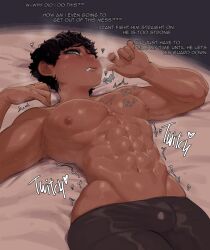 1boy abs biting_own_lip black_hair black_pants blue_eyes bulge clenched_teeth curly_hair dark-skinned_male dark_skin dungeon_meshi english_text heart heavy_breathing highres kabru krekkov large_pectorals looking_at_viewer lying muscular muscular_male on_back pants pectorals solo sound_effects sweat teeth twitching yaoi