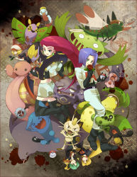 &gt;:) &gt;:d &gt;_&lt; 2boys 3girls :c :d ^_^ antennae arbok ass bat_(animal) belt beret black_dress black_eyes black_gloves black_shirt black_skirt black_wings blonde_hair blue_eyes blue_hair boots breasts brown_eyes bug butch_(pokemon) cacnea carnivine cassidy_(pokemon) cat chimecho claws clenched_hand closed_eyes crossed_arms death_mask domino_(pokemon) double_bun dragonfly dress dustox earrings fang fangs flower flying forked_tongue fur gen_1_pokemon gen_2_pokemon gen_3_pokemon gen_4_pokemon gen_5_pokemon gloves green_eyes green_wings grey_background hair_bun hand_on_own_hip hanging happy hat haze heart holding holding_flower holding_poke_ball hug insect james_(pokemon) jessie_(pokemon) jewelry jumping kiss leaf lickitung lipstick logo long_hair long_tongue looking_at_viewer makeup mask meowth mime_jr. moth multiple_boys multiple_girls nintendo nose one_eye_closed open_mouth outstretched_arm pants pantyhose patting pink_fur pitcher_plant plant poke_ball pokemon pokemon_(anime) pokemon_(creature) purple_eyes red_eyes red_hair red_headwear rock rose sad sasairebun seviper shirt short_hair shuckle skirt skull_and_crossbones smile smoke snake spikes star_(symbol) tail team_rocket teardrop teeth tongue tongue_out tulip upside-down v-shaped_eyebrows venus_flytrap victreebel wavy_mouth weezing whiskers white_eyes white_gloves white_headwear white_pants white_shirt white_skirt white_wings wind_chime wings wink wobbuffet woobat yamask yanmega yellow_eyes
