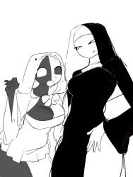 2girls black_sclera black_veil bow breasts cleavage cloak closed_eyes closed_mouth colored_sclera cowboy_shot crossover dress eeeeee03714610 facing_viewer gloves greyscale hand_on_own_hip highres hood hood_up large_breasts long_dress long_hair long_sleeves medium_breasts monochrome multiple_girls nun open_mouth original pelvic_curtain short_hair simple_background sketch skirt smile standing traditional_nun veil white_background