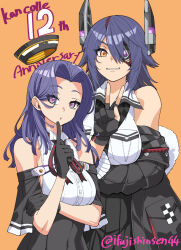 2girls anniversary black_capelet black_gloves black_jacket breast_pocket breasts capelet collared_shirt dress_shirt eyepatch fur-trimmed_jacket fur_trim gloves hair_intakes headgear high-waist_skirt ifuji_shinsen index_finger_raised jacket kantai_collection large_breasts multiple_girls orange_background partially_fingerless_gloves pocket purple_eyes purple_hair shirt short_hair skirt sleeveless sleeveless_shirt tatsuta_(kancolle) tatsuta_kai_ni_(kancolle) tenryuu_(kancolle) tenryuu_kai_ni_(kancolle) twitter_username v white_shirt yellow_eyes