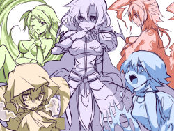 1990s_(style) 5girls armor barbariccia cagnazzo cape cloak dress female_focus final_fantasy final_fantasy_iv gender_request genderswap gloves golbez hood horns long_hair multiple_girls open_mouth oshiruko_(tsume) pasties rubicante scarmiglione short_hair tiara very_long_hair wink