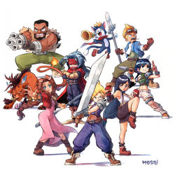 3girls 6+boys aerith_gainsborough angry arm_cannon barret_wallace beard belt black_hair blonde_hair blue_jacket boots brown_eyes brown_hair buster_sword cait_sith_(final_fantasy) cape cid_highwind cigarette cloak cloud_strife cropped_jacket crossed_arms dark-skinned_male dark_skin dress facial_hair fangs fighting_stance final_fantasy final_fantasy_vii flame-tipped_tail forehead_protector gatling_gun gloves goggles goggles_on_head green_eyes headband highres jacket mosqi multiple_boys multiple_girls open_mouth pink_dress polearm red_cape red_cloak red_hair red_headband red_jacket red_xiii scar serious shuriken simple_background skirt sleeveless sleeveless_turtleneck smile spear spiked_hair square_enix staff suspender_skirt suspenders sword tank_top tifa_lockhart turtleneck vincent_valentine weapon yuffie_kisaragi