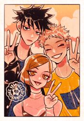 1girl 2boys ^_^ black_hair black_jacket bob_cut brown_eyes closed_eyes commentary eyelashes facial_mark fushiguro_megumi hellosunnycore highres itadori_yuuji jacket jujutsu_kaisen kugisaki_nobara multiple_boys shirt smile spiked_hair swept_bangs tongue tongue_out turtleneck upper_body v watermark yellow_shirt