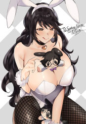 Rule 34 | 1girl, animal ears, argyle background, armpit crease, between breasts, black collar, black hair, black pantyhose, blush, breasts, character doll, character name, cleavage, collar, commentary, commission, english commentary, eyebrows hidden by hair, fake animal ears, final fantasy, final fantasy xiv, fishnet pantyhose, fishnets, fur wrist cuffs, harurrpp, heart, heart necklace, highres, huge breasts, jewelry, leotard, licking lips, long hair, looking down, necklace, pantyhose, playboy bunny, rabbit ears, sapphira nyx, second-party source, sitting, smile, solo, tongue, tongue out, very long hair, warrior of light (ff14), white leotard, white wrist cuffs, wrist cuffs