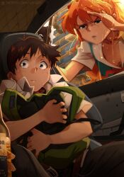 1boy 1girl 1other absurdres alcohol backpack bag beer beer_bottle belt black_pants blue_eyes blurry bolo_tie breasts brown_belt brown_hair building car_interior closed_mouth commentary corona_(brand) cowboy_shot downblouse english_commentary english_text expressionless furrowed_brow green_bag grey_eyes gun hair_between_eyes hair_ornament hairpods highres ikari_shinji khyle. long_hair looking_at_viewer medium_breasts necktie neon_genesis_evangelion no_bra open_belt orange_hair pants patreon_username red_necktie rifle school_uniform shirt short_hair short_sleeves sitting pants smoke souryuu_asuka_langley split_mouth straight_hair tokyo-3_middle_school_uniform upper_body watermark weapon web_address white_shirt