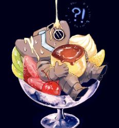 !? 1other akamtvahosi ambiguous_gender black_boots black_gloves black_jacket black_pants blue_background boots cherry chibi covered_face cup dessert food fruit gloves helm helmet highres in_container in_cup in_food jacket long_sleeves made_in_abyss orange_(fruit) other_focus pants pouring pudding simple_background solo strawberry strawberry_slice