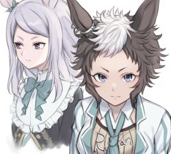 2girls animal_ears aqua_bow aqua_jacket aqua_necktie baseball_jersey blue_eyes bow brown_hair commentary_request earrings grey_hair haniwa_(8241427) hoop_earrings horse_ears horse_girl jacket jersey jewelry long_hair looking_at_viewer looking_to_the_side mejiro_family_(umamusume) mejiro_mcqueen_(umamusume) mejiro_ryan_(umamusume) multicolored_hair multiple_girls multiple_piercings necktie purple_eyes short_hair umamusume upper_body white_background white_hair