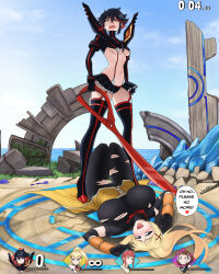 2girls absurdres anger_vein battle black_bodysuit black_hair black_thighhighs blonde_hair blue_eyes blue_sky bodysuit boku_no_hero_academia breasts commentary crossover darkness_(konosuba) defeat dismaiden english_commentary english_text gloves heart high_ponytail highres holding holding_sword holding_weapon infinity_symbol kill_la_kill kono_subarashii_sekai_ni_shukufuku_wo! large_breasts looking_at_another looking_down looking_up lying makima_(chainsaw_man) masochism matoi_ryuuko medium_breasts microskirt multicolored_hair multiple_girls navel nintendo on_back open_mouth outdoors ponytail red_hair scissor_blade_(kill_la_kill) scowl senketsu short_hair shrug_(clothing) skirt sky speech_bubble standing stomach super_smash_bros. sword thighhighs torn_bodysuit torn_clothes two-tone_hair underboob uraraka_ochako weapon