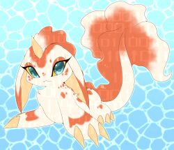 blue_eyes claws digimon fusion gen_1_pokemon goldeen gomamon heavymetalpapi highres horns looking_at_viewer nintendo pokemon tail