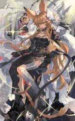1girl absurdres animal_ears arknights asymmetrical_legwear black_dress black_gloves black_shoes blonde_hair breasts buzhidaojiaoshenmekoua cleavage closed_mouth commentary_request dice dorothy_(arknights) dorothy_(hand_of_destiny)_(arknights) dress expressionless full_body gloves hair_between_eyes highres juliet_sleeves long_hair long_sleeves looking_at_viewer medium_breasts mouse_ears mouse_girl official_alternate_costume puffy_sleeves shoes signature single_thighhigh solo thighhighs veil very_long_hair white_thighhighs yellow_eyes