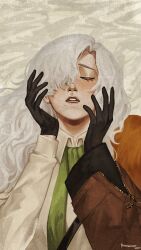 1girl 2024 absurdres arm_out_of_sleeve artist_name black_gloves brown_coat closed_eyes coat collared_shirt facing_viewer gloves green_necktie grey_background hair_over_one_eye hands_up highres long_hair long_sleeves necktie one_eye_covered open_mouth reverse:1999 ripshinaide shirt signature solo teeth upper_body white_hair white_shirt windsong_(reverse:1999)