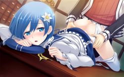 1boy 1girl :o ass bent_over beret blue_eyes blue_hair blush clothed_sex clothes_pull clothing_aside doggystyle full-face_blush game_cg hat unworn_hat unworn_headwear hetero jacket kokuro_nozomi_(male) open_fly panties panties_aside pantyhose pantyhose_pull ribbon-trimmed_collar ribbon-trimmed_sleeves ribbon_trim seiranden_aoi sex sex_from_behind short_hair sweat tel-o top-down_bottom-up track_jacket underwear vaginal yamiyo_ni_odore