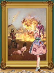 1boy 2girls christina&#039;s_world crossover far_cry far_cry_2 fine_art_parody fire flare_gun gas_can grass gun high_heels highres house jerry_can letter multiple_girls nababa painting_(object) parody ribbon shoes twintails weapon