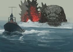 1boy boat giant giant_monster glowing glowing_spikes godzilla godzilla_(series) godzilla_chasing_boat_(meme) godzilla_minus_one highres horror_(theme) kaiju meme monster ocean raincoat shin_godzilla spikes steel_neck swimming toho water watercraft waves