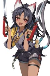 1girl absurdres animal_ears black_hair black_shorts cat_ears cat_girl cat_tail collared_shirt dark-skinned_female dark_skin grey_shirt hands_up highres holding holding_weapon long_hair looking_at_viewer multiple_tails nekomiya_mana open_mouth red_eyes shirt shorts solo tail thigh_strap thomas_8000 weapon white_background zenless_zone_zero