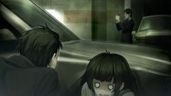 1girl 2boys black_hair black_jacket black_shirt black_suit blank_eyes blunt_bangs car clothing_request collar collared_shirt crying crying_with_eyes_open dress ears_visible_through_hair emphasis_lines formal_clothes game_cg glasses gloom_(expression) green_collar green_dress green_hair green_trim gun handgun hiding highres hiyajou_maho holding holding_gun holding_weapon huke indoors jacket long_hair long_sleeves messy_hair motor_vehicle mr._cateaux multiple_boys non-web_source official_art okabe_rintarou okabe_rintarou_(beta) opaque_glasses scared shaded_face shirt short_hair slouching steins;gate steins;gate_0 suit tears very_long_hair wavy_mouth weapon white_shirt