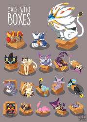 :3 animal_focus artist_name blue_eyes box cardboard_box cat closed_mouth coin colored_sclera commentary delcatty english_commentary english_text espeon espurr forehead_jewel gen_1_pokemon gen_2_pokemon gen_3_pokemon gen_4_pokemon gen_5_pokemon gen_6_pokemon gen_7_pokemon glameow gold green_eyes grey_background highres in_box in_container koban_(gold) legendary_pokemon liepard litleo litten luxio luxray meowstic meowstic_(female) meowstic_(male) meowth nintendo no_humans persian_(pokemon) pokemon pokemon_(creature) pokemon_focus purple_eyes purrloin purugly pyroar pyroar_(female) pyroar_(male) red_eyes red_sclera shinx skitty smile solgaleo species_connection whiskers yellow_eyes yellow_sclera zoe-sphere