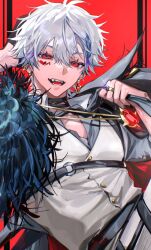 1boy buttons fangs gem grey_hair highres jewelry kuzuha_(nijisanji) looking_at_viewer male_focus miroku_(butuzo33) multicolored_hair multiple_rings nijisanji open_mouth purple_hair red_background red_eyes red_gemstone ring shirt short_hair smile solo teeth two-tone_hair upper_body white_shirt