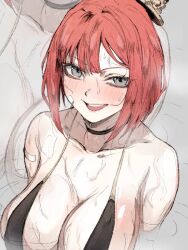 1girl bandages bikini black_bikini breasts grey_eyes large_breasts looking_at_viewer nb8c project_moon red_hair smug solo sweat sweatdrop swimsuit the_distortion_detective yuria_(project_moon)