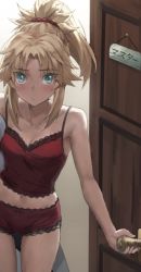 1girl blonde_hair blue_eyes blush breasts camisole doorway expressionless fate/apocrypha fate_(series) gluteal_fold groin highres looking_at_viewer midriff mordred_(fate) no_pants panties ponytail pov_doorway red_camisole red_panties red_scrunchie scrunchie shirt short_shorts shorts small_breasts solo striped tonee translated underwear