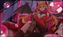 1girl absurdres bare_shoulders black_horns black_wings blonde_hair breasts bubble cleavage coach demon_girl demon_horns demon_wings denyel dress duel_monster ear_piercing earrings fiendsmith_engraver heart heart_earrings highres horns indoors jewelry lacrima_the_crimson_tears large_breasts long_hair multicolored_hair night piercing pink_hair pointy_ears red_dress sitting solo stuffed_animal stuffed_toy teddy_bear two-tone_hair two_side_up very_long_hair wings yu-gi-oh!