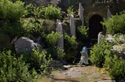 1girl 3d_background absurdres blue_eyes blue_hair blue_skin book colored_skin cracked_skin doll dress elden_ring extra_arms extra_faces highres holding holding_book nature outdoors ranni_the_witch ruins shizu_miro white_dress