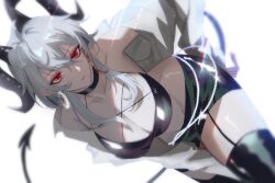 Rule 34 | 1girl, absurdres, alternate costume, black horns, black skirt, black tail, black thighhighs, breasts, closed mouth, commentary, curled horns, demon tail, esticss, grey hair, hair between eyes, hand on own hip, hashtag-only commentary, highres, horns, large breasts, long hair, looking at viewer, mole, mole on breast, red eyes, skirt, solo, tail, thighhighs, thighs, white background, wuthering waves, zani (wuthering waves)