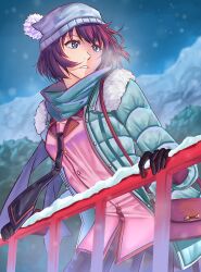 Rule 34 | 1girl, absurdres, aqua jacket, bag, beanie, black gloves, black necktie, blue eyes, blue hat, blue sky, breasts, collared shirt, cowboy shot, eyelashes, fur trim, gloves, hat, highres, jacket, koimonogatari, long sleeves, looking to the side, medium breasts, monogatari (series), moren eh, naoetsu high school uniform, necktie, open clothes, open jacket, parted lips, pink shirt, pleated skirt, purple hair, purple skirt, railing, scarf, school uniform, senjougahara hitagi, shadow, shirt, short hair, shoulder bag, skirt, sky, snow, solo, winter clothes