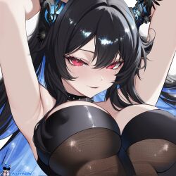 1girl arms_up black_hair black_horns black_one-piece_swimsuit blue_hair breasts close-up colored_inner_hair covered_erect_nipples highres hololive hololive_english holonatsu_paradise horns large_breasts looking_at_viewer multicolored_hair nerissa_ravencroft nerissa_ravencroft_(holonatsu_paradise) nyanyaqwi official_alternate_costume one-piece_swimsuit red_eyes solo swimsuit virtual_youtuber