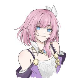 1girl absurdres bare_shoulders blue_eyes bra_strap chinese_commentary commentary_request cyrene_(honkai:_star_rail) dress hair_ribbon highres honkai:_star_rail honkai_(series) jewelry looking_at_viewer necklace off-shoulder_dress off_shoulder pink_hair ribbon short_hair simple_background smile solo upper_body white_background white_ribbon woyaoshuijiao_(taberd)