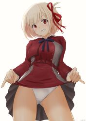 Rule 34 | 1girl, belt, belt buckle, blonde hair, blue ribbon, bob cut, breasts, buckle, clothes lift, commentary request, crotch seam, dress, dress lift, flashing, grey dress, grin, hair ribbon, highres, lifting own clothes, long sleeves, looking at viewer, lycoris recoil, medium breasts, multicolored dress, neck ribbon, nishikigi chisato, panties, picot trim panties, pleated dress, red belt, red dress, red eyes, red ribbon, ribbon, short hair, simple background, sirokohi, smile, solo, thighs, underwear, variant set, white background, white panties