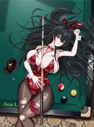 1girl 8-ball absurdres animal_ear_hairband animal_ears armpits azur_lane ball black_hair bow bowtie breasts cleavage cue_stick fake_animal_ears hair_between_eyes hairband highres holding_cue_stick kouhen_no_niwa large_breasts leotard long_hair looking_at_viewer official_alternate_costume on_table open_mouth pantyhose playboy_bunny pool_table rabbit_ear_hairband rabbit_ears red_bow red_bowtie red_eyes red_leotard solo strapless strapless_leotard table taihou_(azur_lane) taihou_(fun_on_the_baize)_(azur_lane) thigh_bow torn_clothes torn_pantyhose very_long_hair white_wrist_cuffs wrist_cuffs
